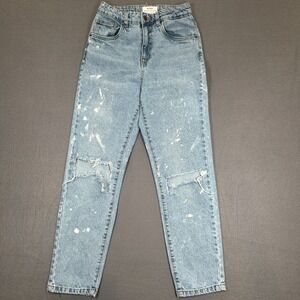 RSQ Jeans Womens 1/25 Blue Distressed Denim Paint Splatter Straight High Rise